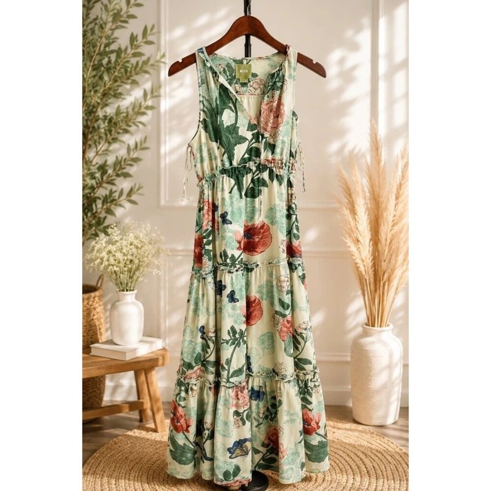 Anthropologie Maeve Maravilla Floral Tiered Maxi Dress Green Motif Boho Size 00P